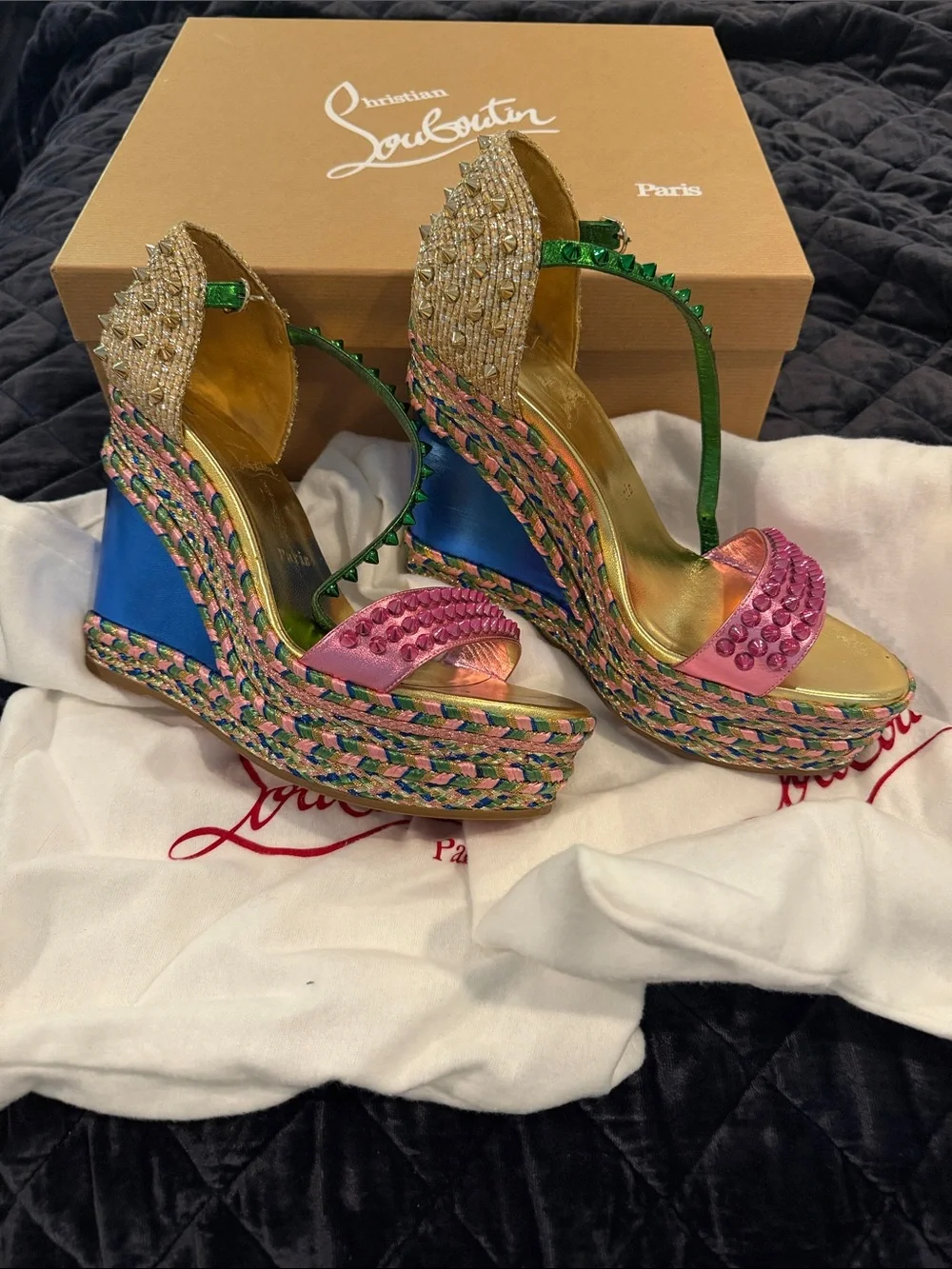 Christian Louboutin Multicolor Espadrille Wedge Sandals - Pink & Blue size 40